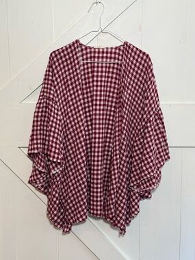 Easel Medium Burgundy Gingham Plaid Ruffle Sleeve Open Front Cardigan